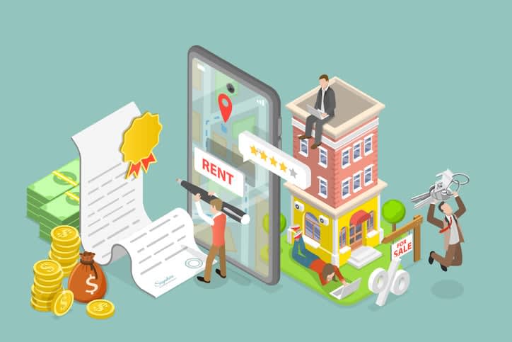 3D Isometric Flat Vector Conceptual Illustration of Real Estate Agency Online stock illustration