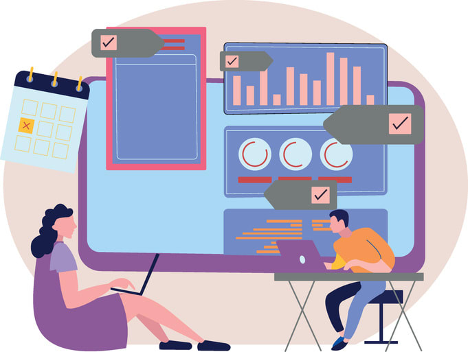 A boy and a girl are working on a chart graph. stock illustration