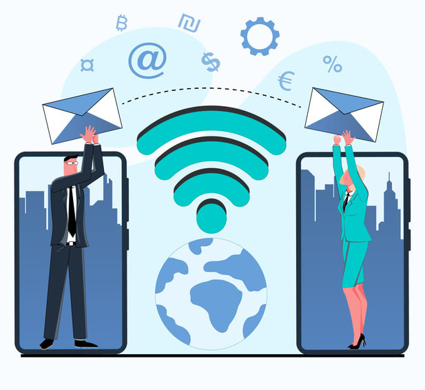 A successful businessman and a businesswoman on the phone in front of the city