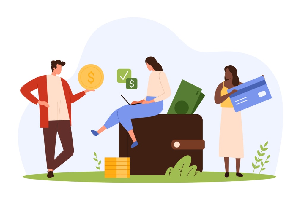 tiny people holding credit card and cash coins near big personal pocket with money