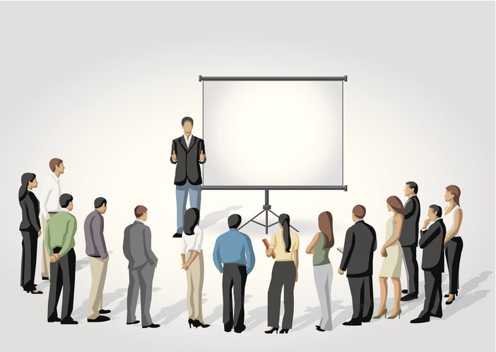 Business people and white billboard with empty space