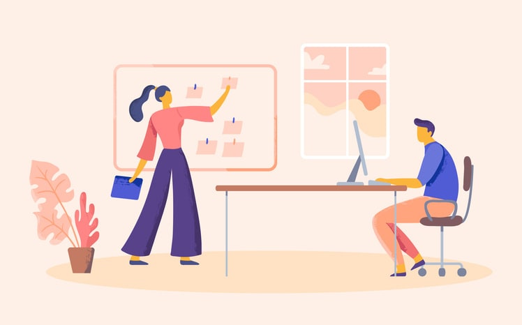 Business people in office, scrum board for tasks stock illustration