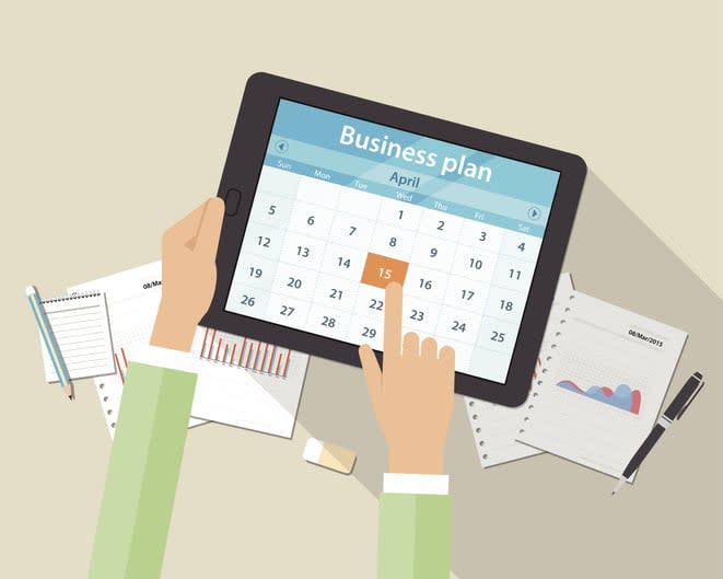 Business plan and marketing plan on mobile device stock illustration