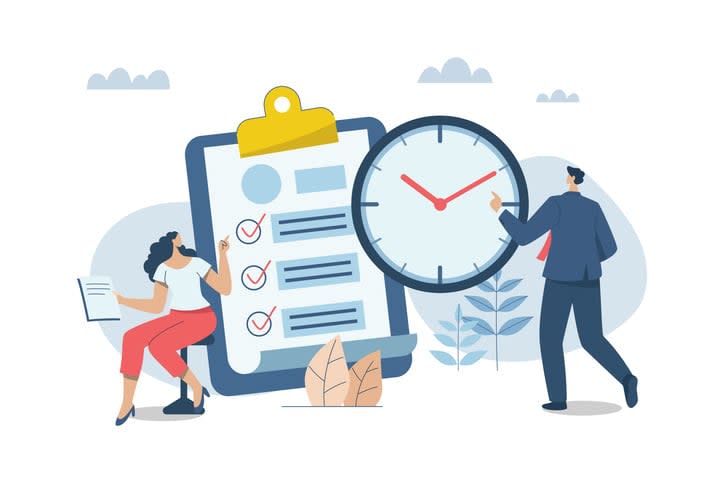 businessman and woman checking tasks on clipboard checklist near big watch