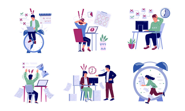 Cartoon men and women can t finish tasks by time