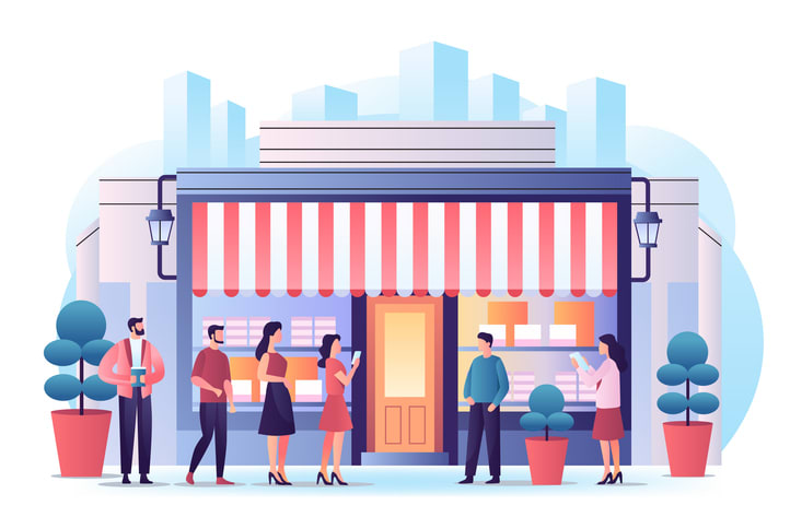 Casual people standing together near street marketplace street stall outdoor kiosk horizontal full length stock illustration