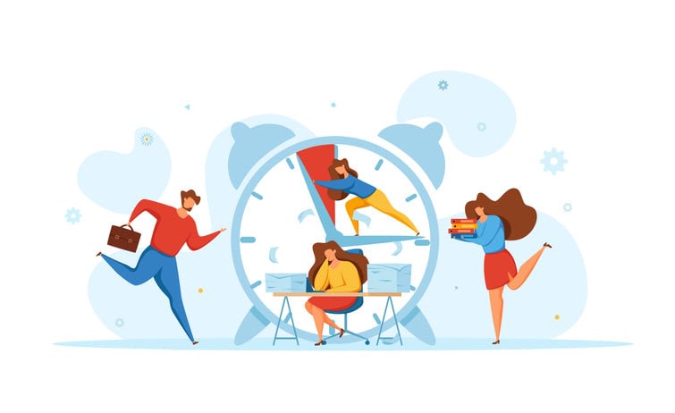 Deadline concept with office teamwork hurrying up in panic