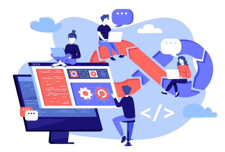 DevOps developers work with computers scene