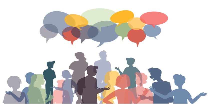 Different people with chat bubbles