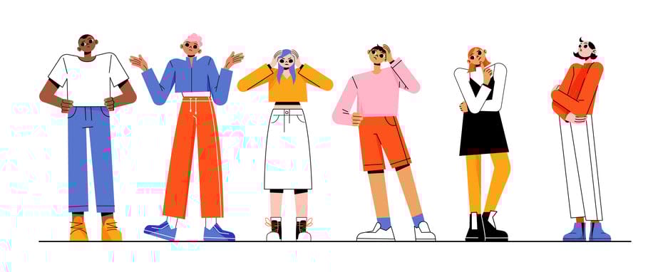 Diverse confused people doubt, think stock illustration