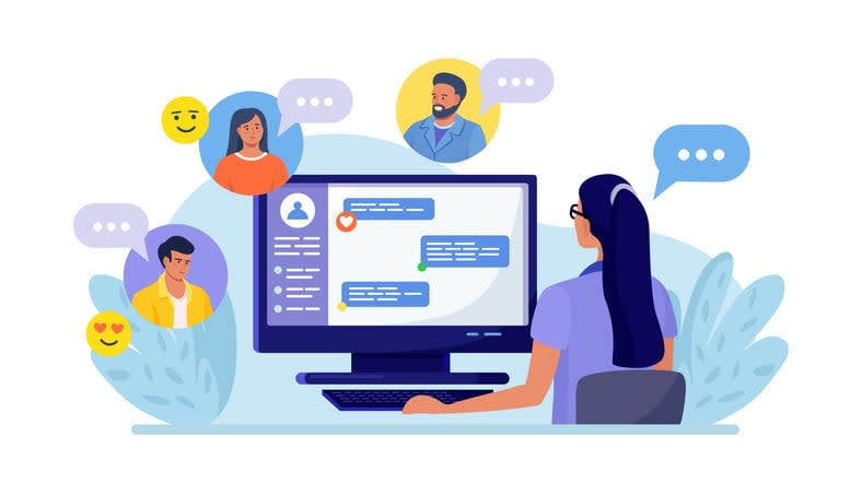 Employee using computer for virtual meeting, video conference, messaging