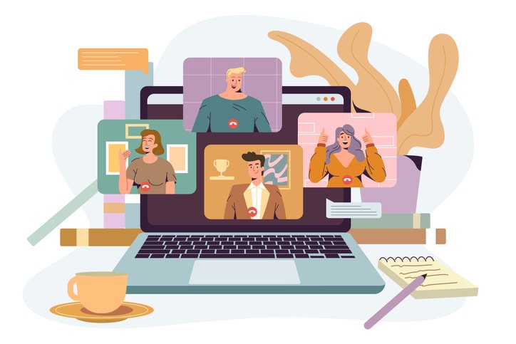 Flat colleagues at the laptop screen holding virtual video conference stock illustration