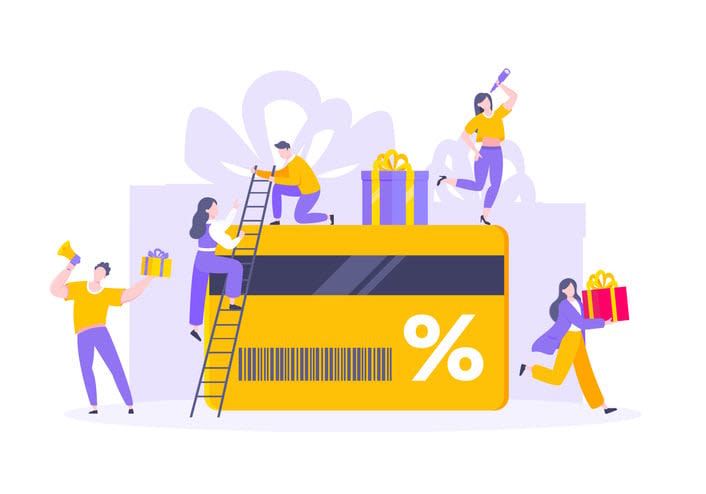 Get loyalty card and customer service business concept flat design vector illustration