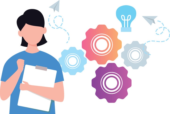 Girl working on business idea setting. stock illustration