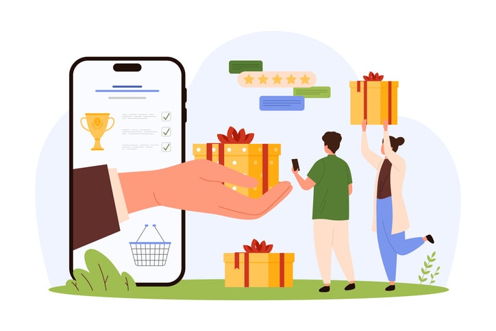 Giveaway, loyalty program advertising, contest for gift card and coupon for tiny people stock illustration