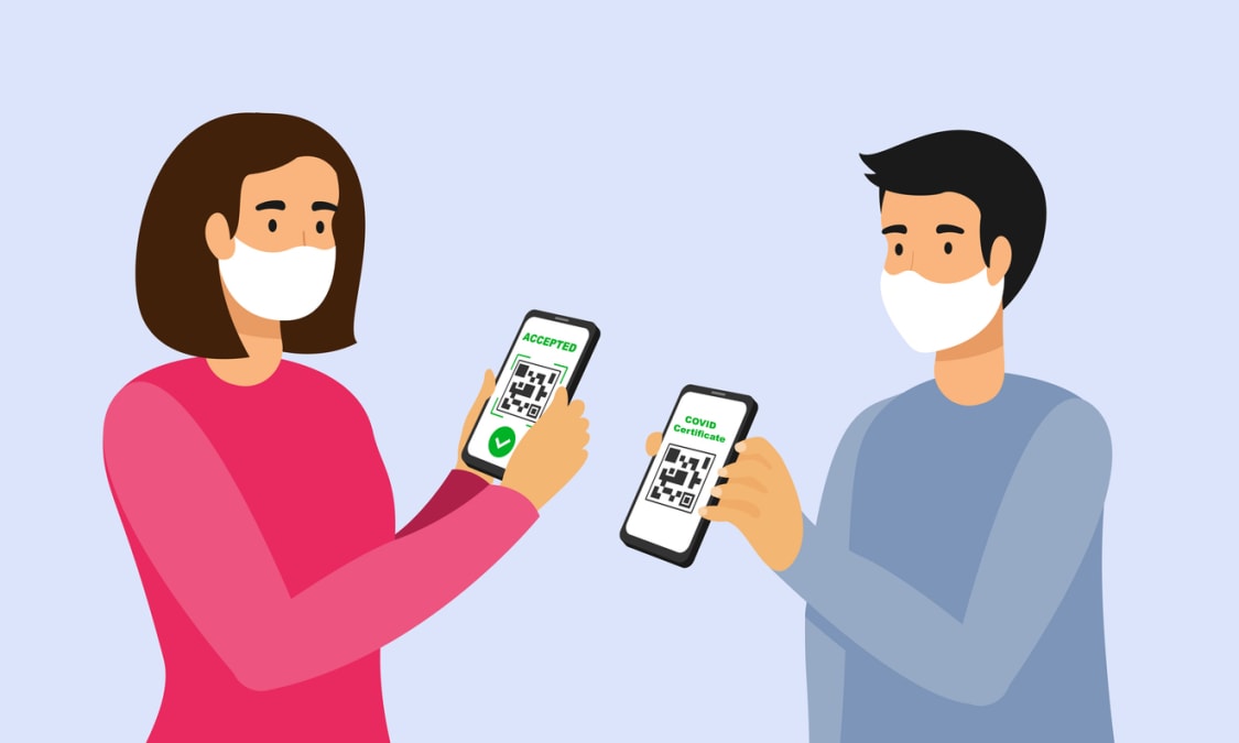 People scanning QR code on a smartphone screen covid certificate
