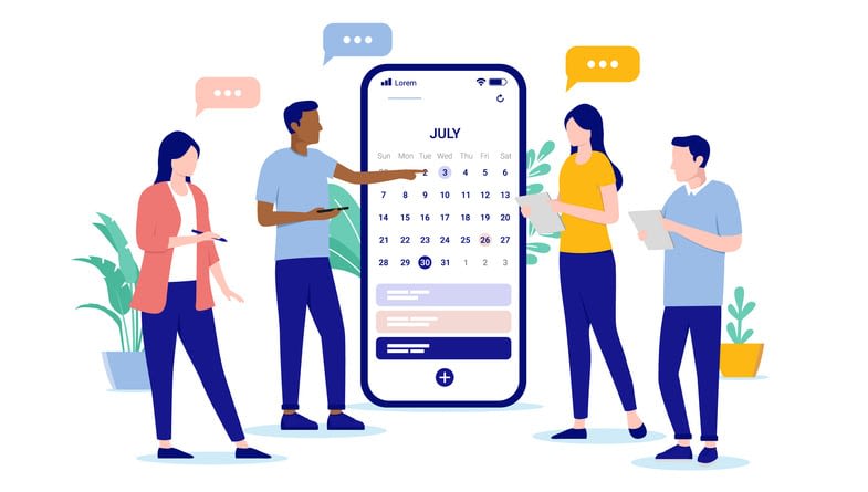 Group of people planning on calendar stock illustration