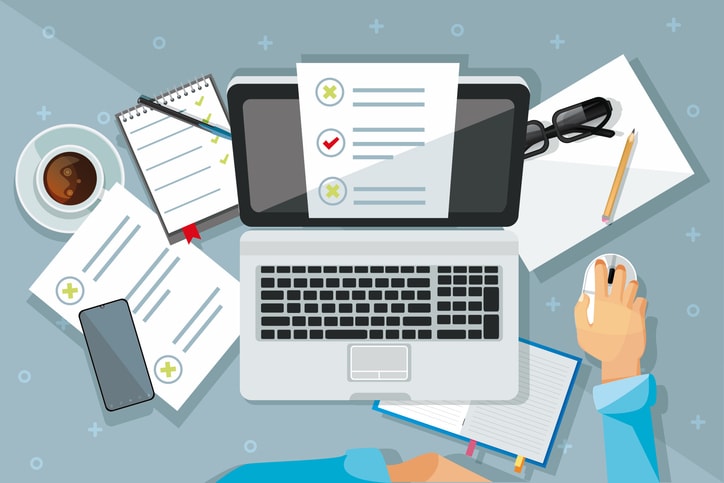 Hands with mobile devices and office items on a colored abstract background