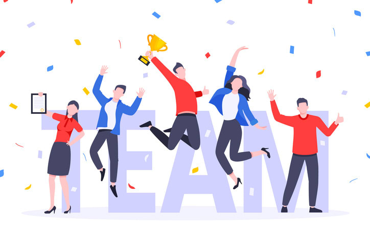 Happy business employee team winners award ceremony flat style design vector illustration