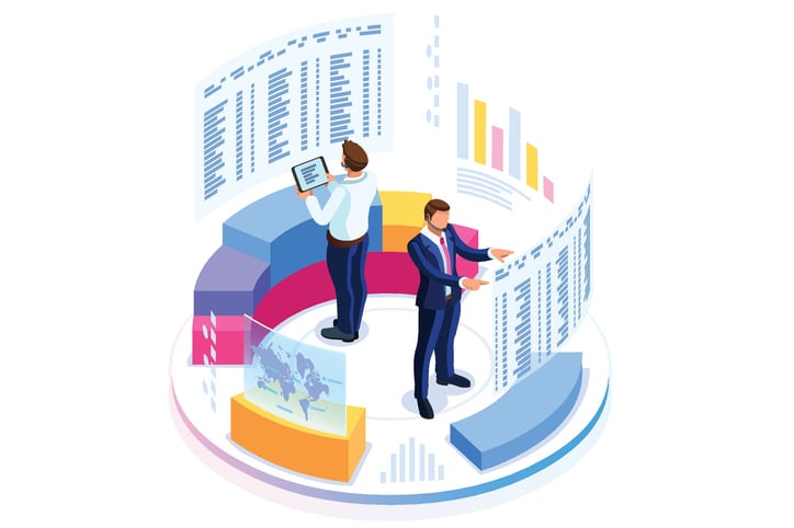 Isometric illustration of professionals analyzing digital charts and spreadsheets on futuristic screens, symbolizing methods to merge data from two Excel spreadsheets for efficient analysis, reporting, and business decision-making.
