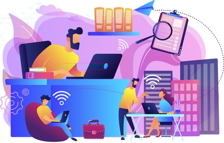 Illustration of remote workers using laptops in a modern office with gears, Wi-Fi symbols, and collaboration icons, highlighting key features of coworking spaces such as connectivity, flexibility, shared resources, and creative environments.