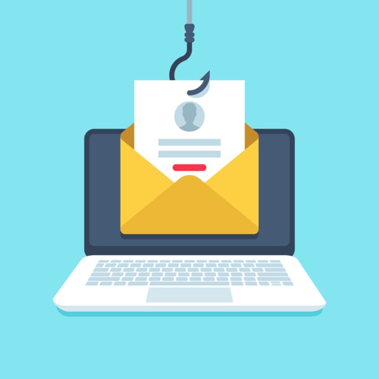 Laptop screen with email hooked by phishing line, symbolizing phishy emails and online scams targeting personal information.