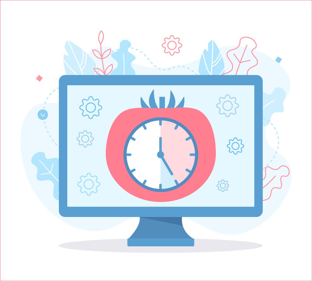Illustration of a tomato-shaped timer next to a focused person working at a desk, representing the Pomodoro Technique.