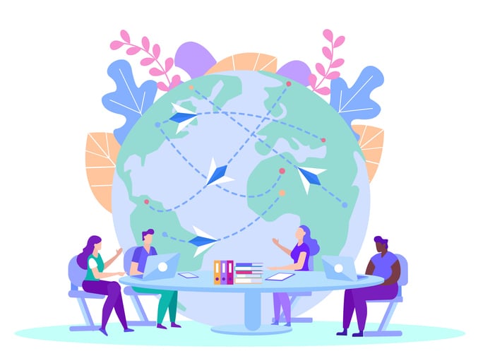 Illustration of global team working around circular table with laptops, globe, and paper airplanes, symbolizing top cities for coworking spaces.