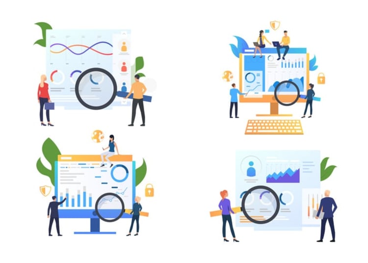 Teams inspecting charts with magnifying glasses, symbolizing behavioral data collection and security.