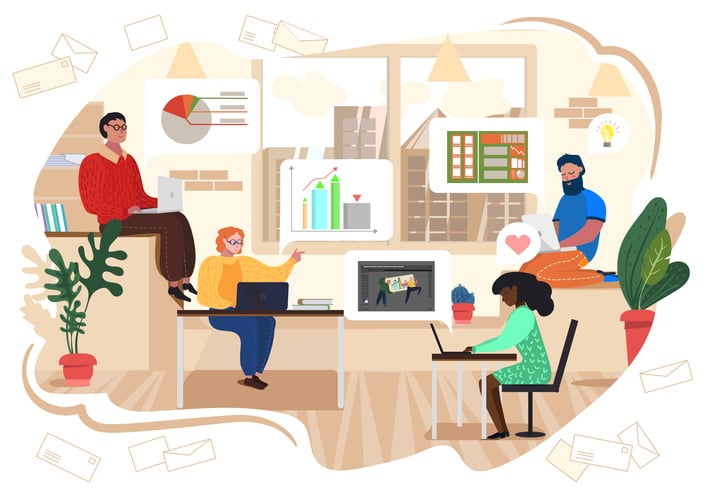 Illustration of collaborative workspace with professionals using laptops, charts, and creative tools, symbolizing the benefits of coworking spaces including productivity, networking, flexibility, and idea sharing.
