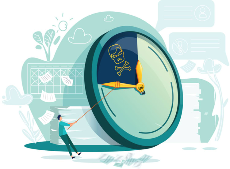 Clock with pencil hand and warning symbol, illustrating how idle time affects costs and workplace productivity.