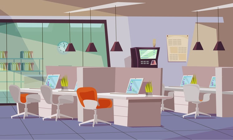 Illustration of modern coworking office with organized desks, computers, chairs, and plants.