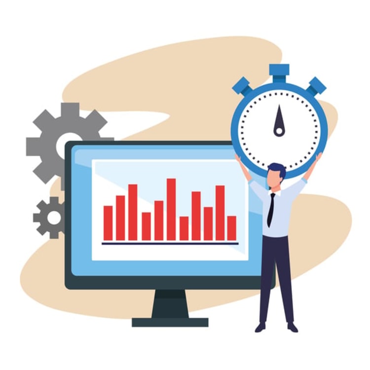 Man holding stopwatch beside bar chart and gears, illustrating idle time calculation and performance metrics.
