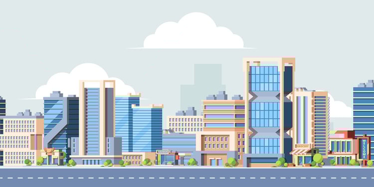 Illustration of a vibrant urban cityscape with modern office buildings, retail spaces, and tree-lined streets.