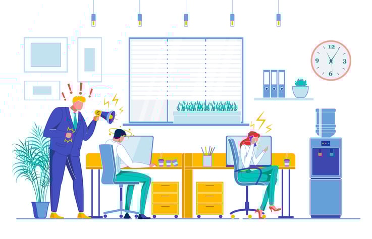 Illustration of stressed office worker being shouted at by a manager with a megaphone—symbolizing the effects of quiet quitting on workplace communication, morale, and organizational dynamics.