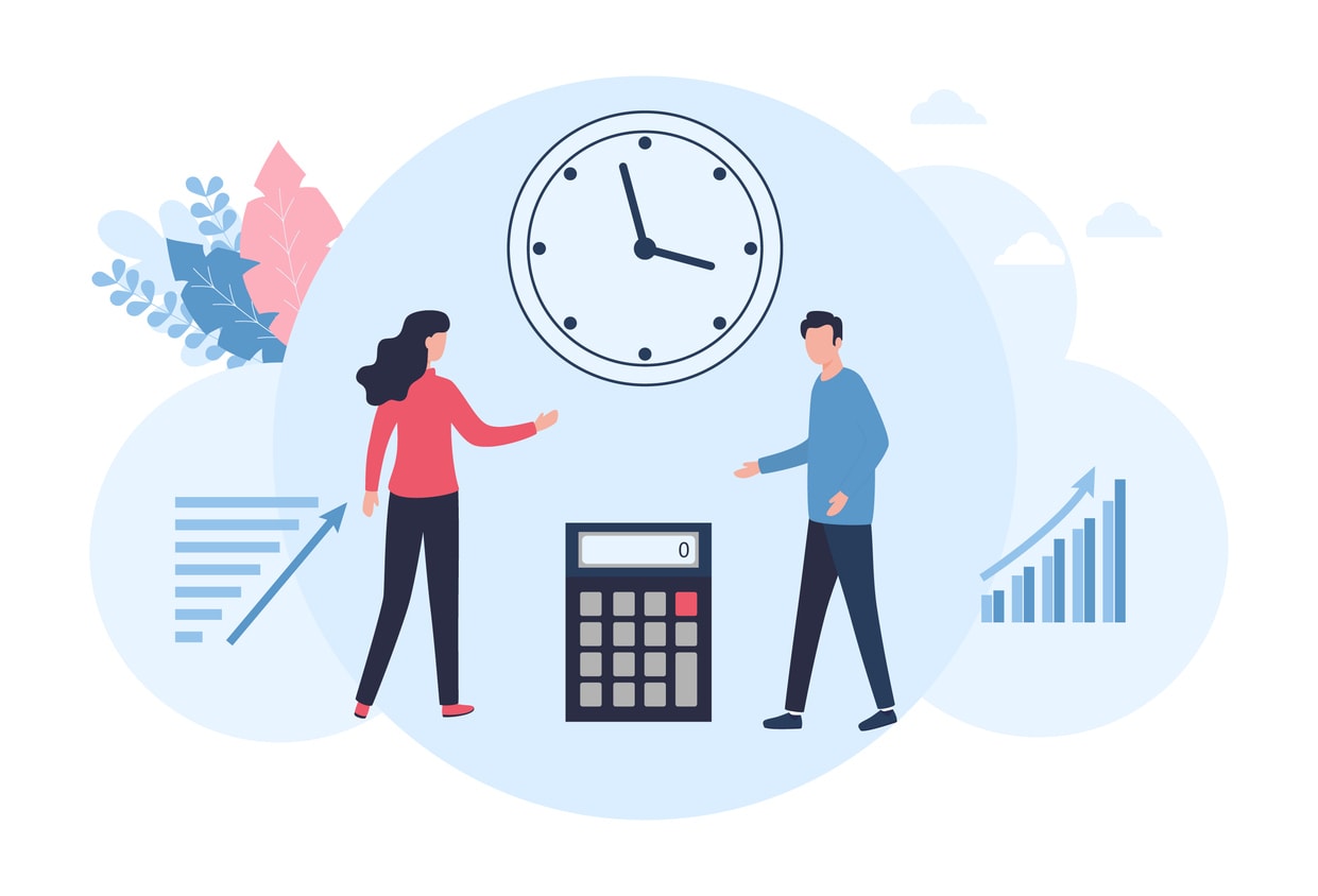 Illustration of two people standing in front of a large clock and calculator, surrounded by graphs and foliage, symbolizing teamwork and accurate tracking with a time card calculator