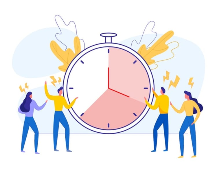People gathered around a segmented clock with lightning bolts, symbolizing how to use work timers effectively for managing stress, focus, and productivity
