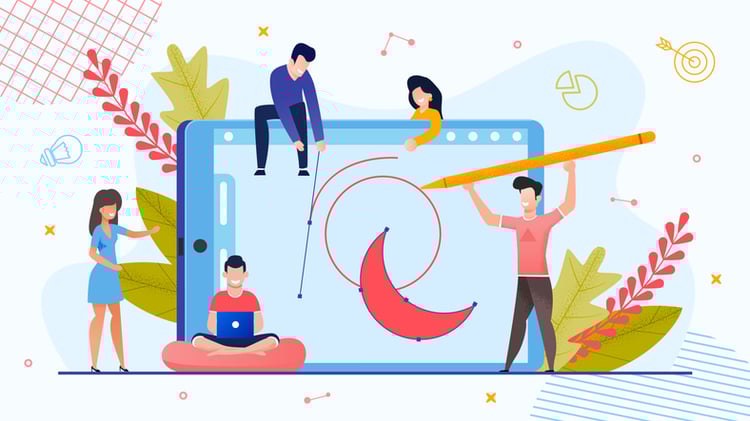 Illustration of a divere team working together on a digital tablet to design a logo, with vector tools, creative icons, and collaborative gestures symbolizing the process of creative collaboration in logo design.