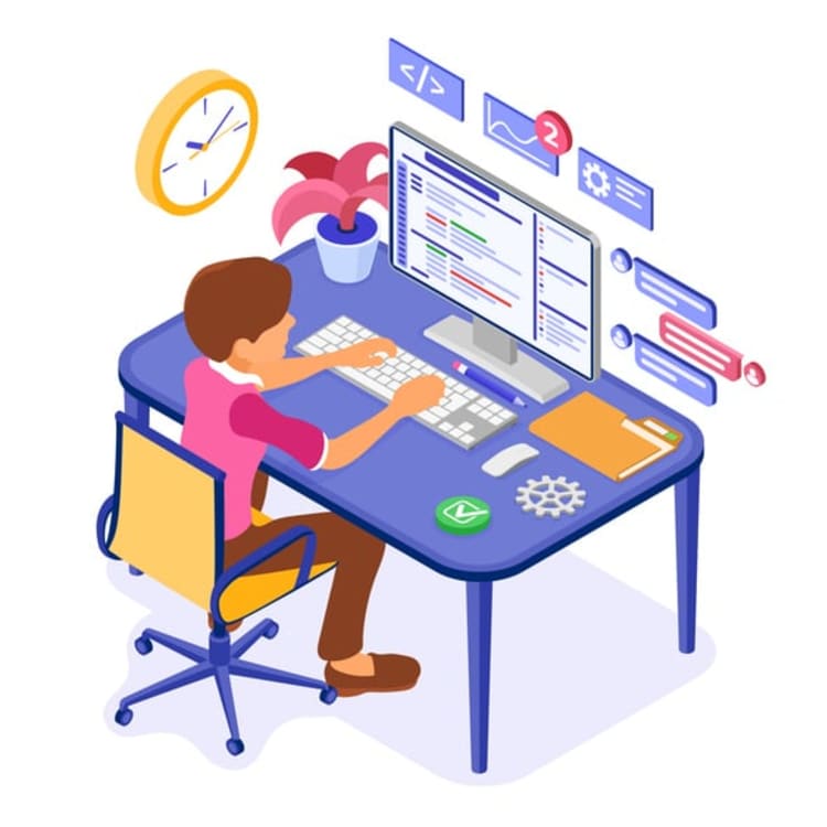 Isometric illustration of a programmer at a desk with code and interface icons, symbolizing how keystroke logging monitors user input and digital activity.