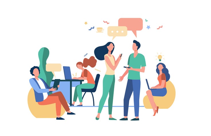 Illustration of young professionals collaborating in a casual, tech-savvy workspace.