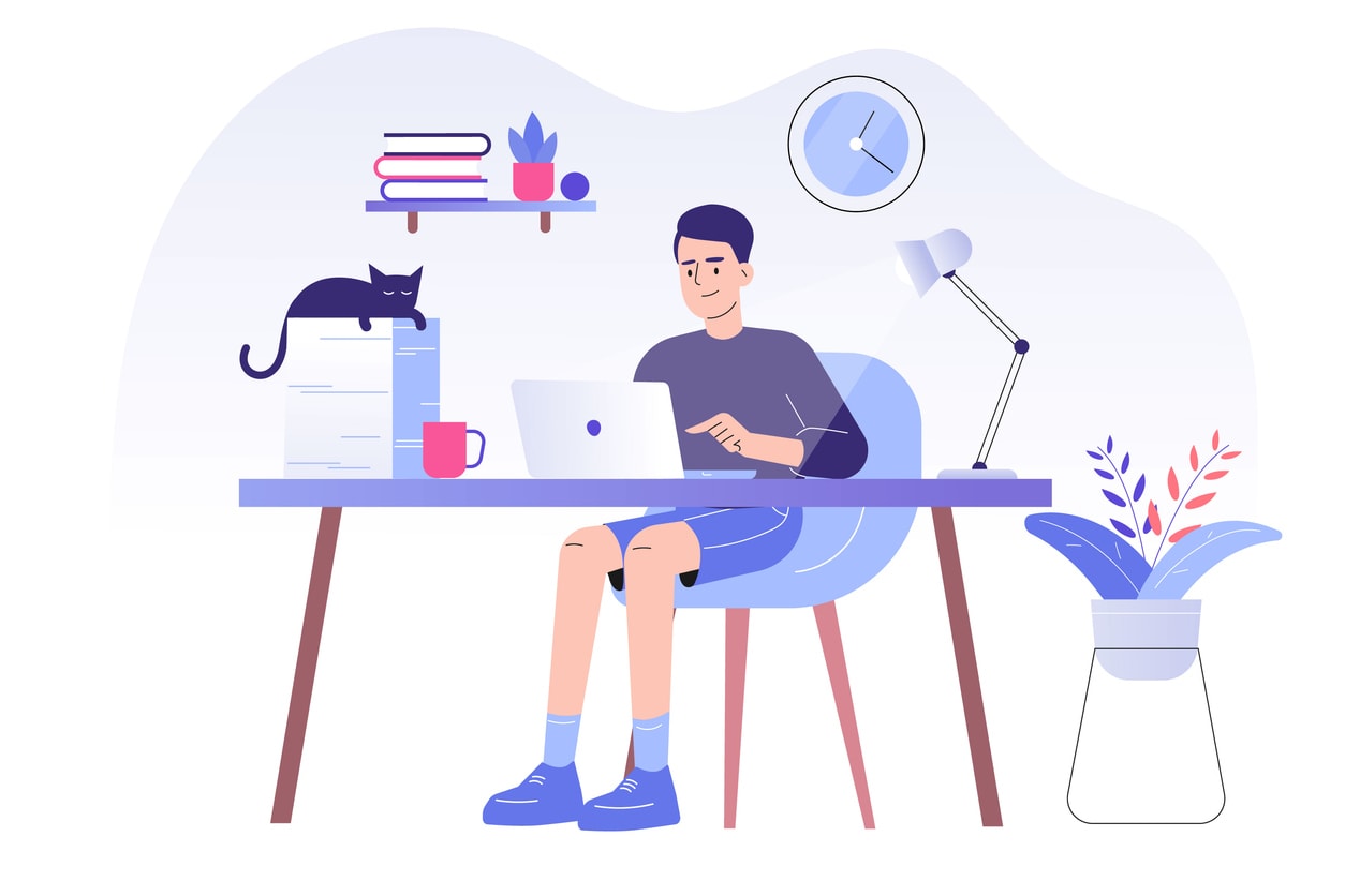 Young man or freelancer sitting on her a desk with cat and working online with a laptop at home illustration.