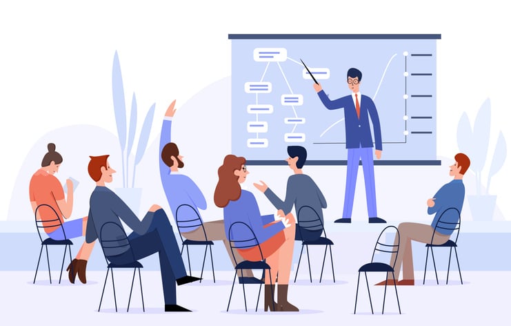 Illustration of presenter leading a seminar with flowcharts and graphs, surrounded by engaged participants, symbolizing collaborative training and strategic planning for effective paid time off (PTO) policy implementation.