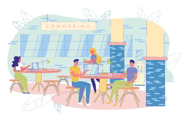 Illustration of professionals working in a modern coworking space with shared tables, laptops, and collaborative zones.