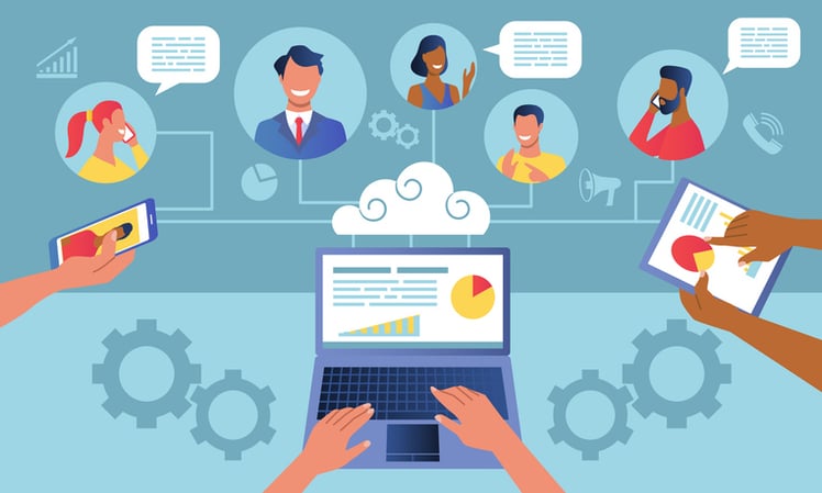Illustration of team collaborating through laptop, smartphone, and tablet with charts, cloud icons, and gears
