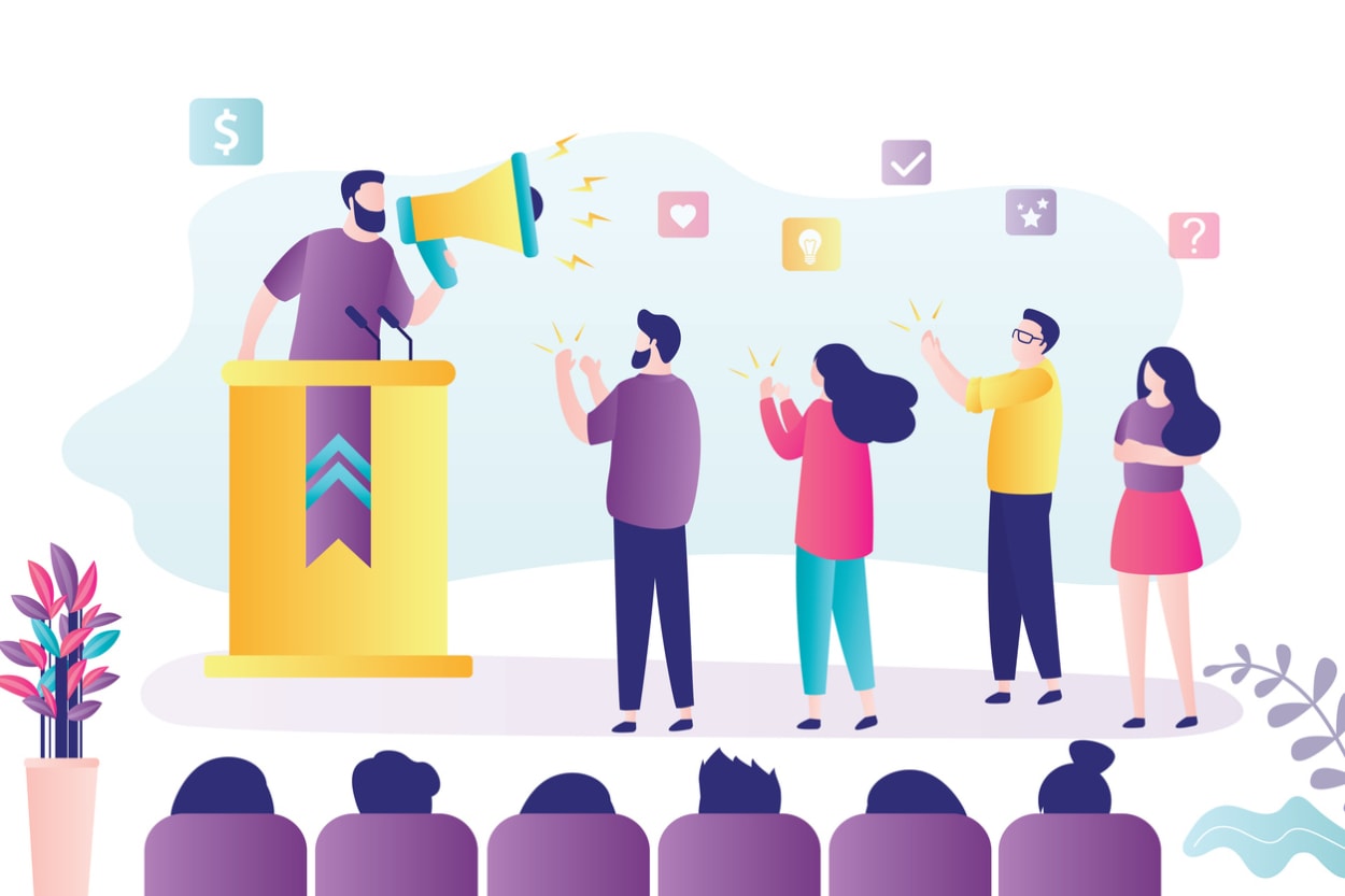 Stylized illustration of a speaker using a megaphone at a podium, engaging a diverse audience with icons representing ideas, values, and emotions—symbolizing powerful attention getters in public speaking.