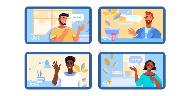 Illustration of four individuals in separate video call frames with speech bubbles and personalized backgrounds.