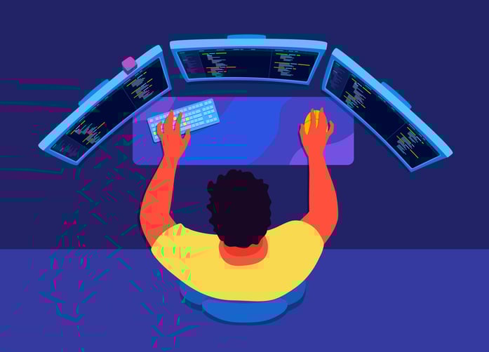 Illustration of a developer working at a desk with multiple monitors displaying code.
