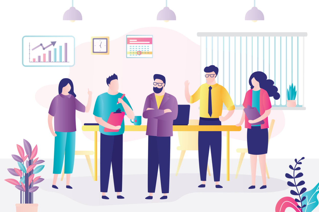 Team in modern office setting engaged in discussion with charts, calendar, and task visuals, representing daily stand-up meetings as a core practice in agile project management.