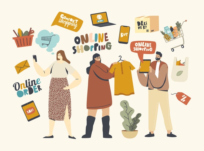 Illustration of Gen Z consumers interacting with digital devices and shopping icons.