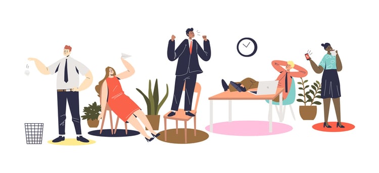 Cartoon-style illustration of disengaged office workers showing boredom, frustration, and lack of productivity.